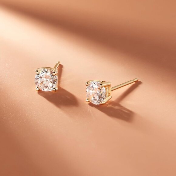 Plated Sterling Silver Cubic Zirconia Stud Earrings Round & Princess - Picture 3 of 6